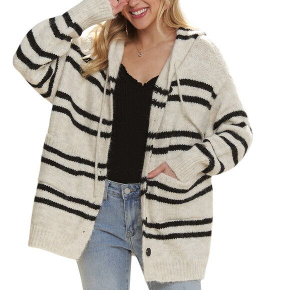 Striped Hooded Cardigan Black and Beige Neutral - Picture 5 of 9